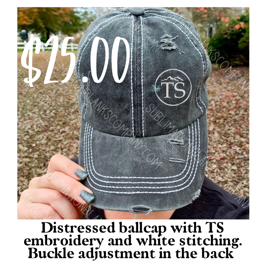 Distressed Ballcap with Topanga Scents Embroidery and White Stitching